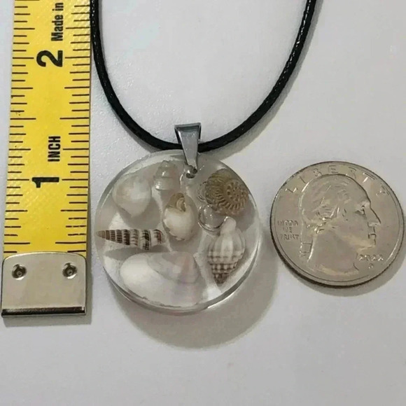 Mini Real Seashells Resin Circle Black Waxed Cord Necklace Handmade New - Picture 4 of 4